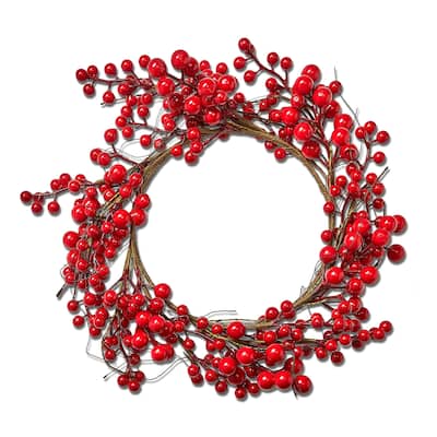Large Red Berry Artificial Floral Wreath, Holiday Christmas Wall Decoration 15"