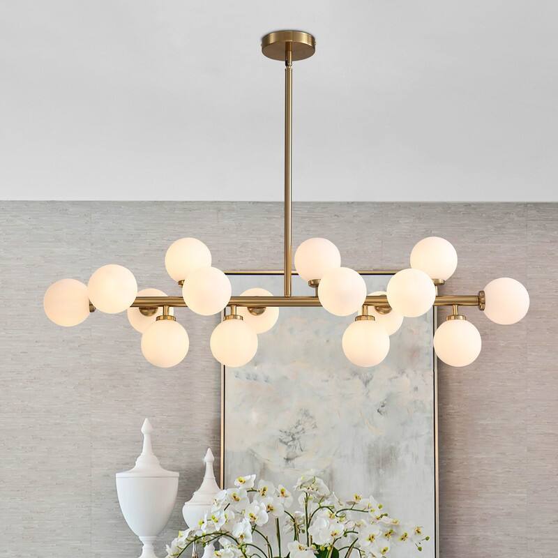 40 in. Linear Mid Century Modern Chandelier 16-Light Gold Brass Sputnik Pendant Light with Frosted Glass Globe for Dining Room - Brass