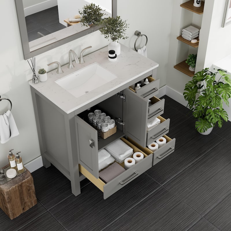 Eviva Aberdeen 36"W x 22"D Gray Bathroom Vanity with White Carrara Quartz Vanity Top and Rectangular Undermount Sink