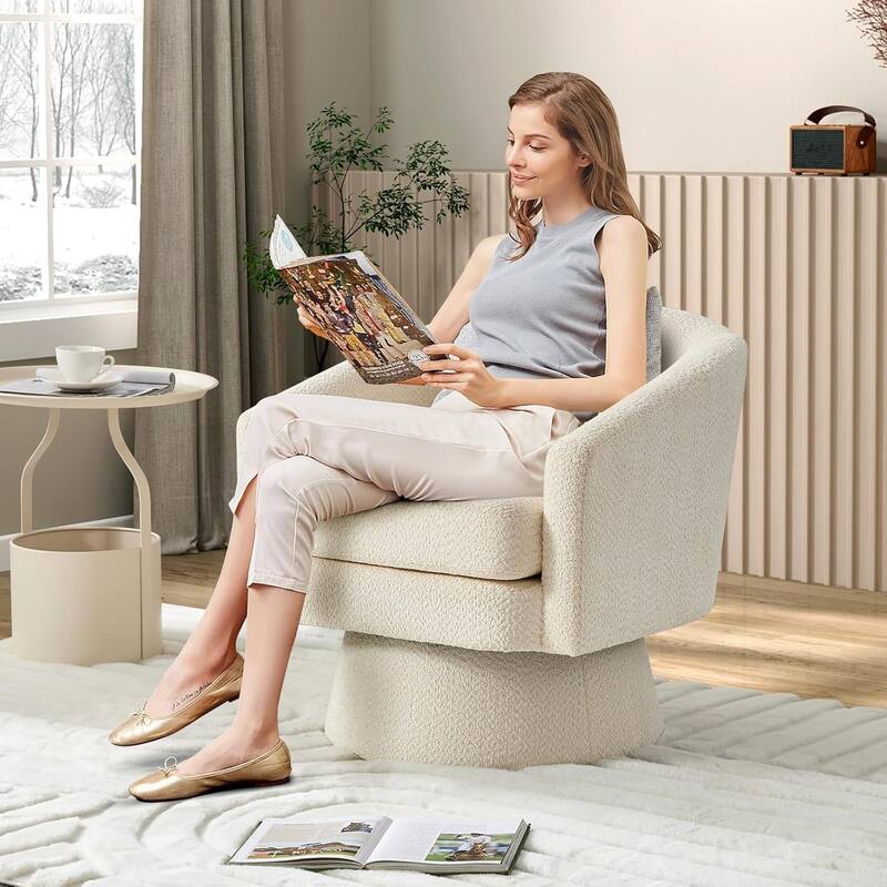 360° Swivel Accent Chair with Arms, Cozy Round Chenille Fabric - Beige
