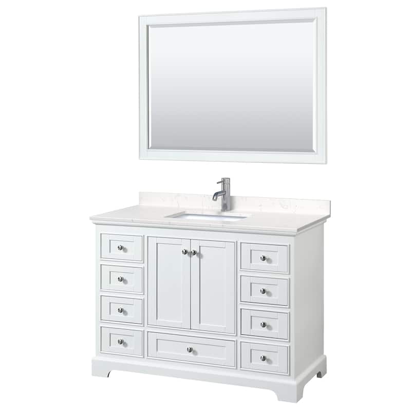 Deborah 48-inch Single Vanity, Cultured Marble Top, 46-inch Mirror - White, Chrome Trim, Carrara Cultured Marble Top