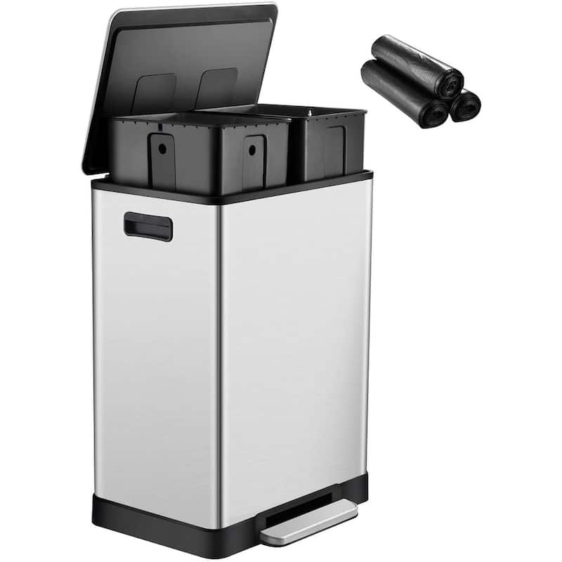 Stainless Steel Step Trash Can - 16 Gallon Garbage Bin with Soft Close Lid - Dual Compartment Recycling Wastebasket - Silver