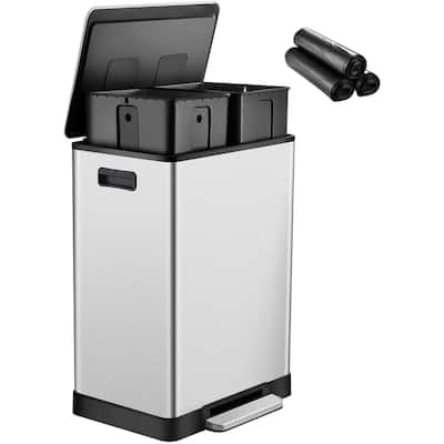 Stainless Steel Step Trash Can - 16 Gallon Garbage Bin with Soft Close Lid - Dual Compartment Recycling Wastebasket