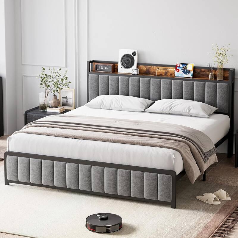 Full Size Upholstered Platform Bed Frame with Storage Headboard, Charging Station, Metal Slats, Noise-Free Design