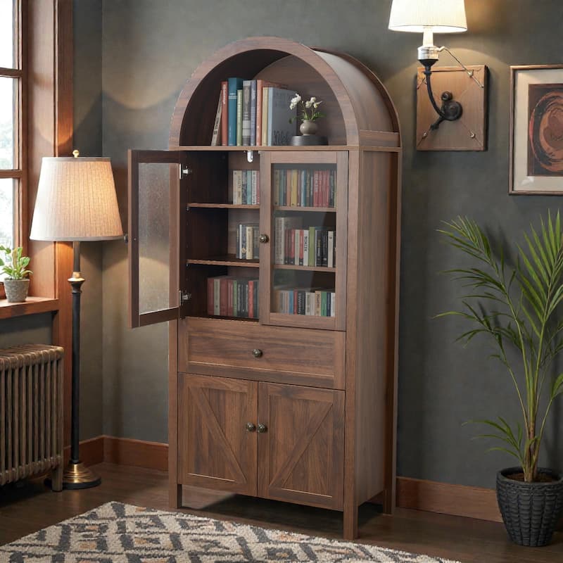 Vintage Dome Cabinet with Arched Design, Large Storage Display Cabinet with Adjustable Shelves for Living Room