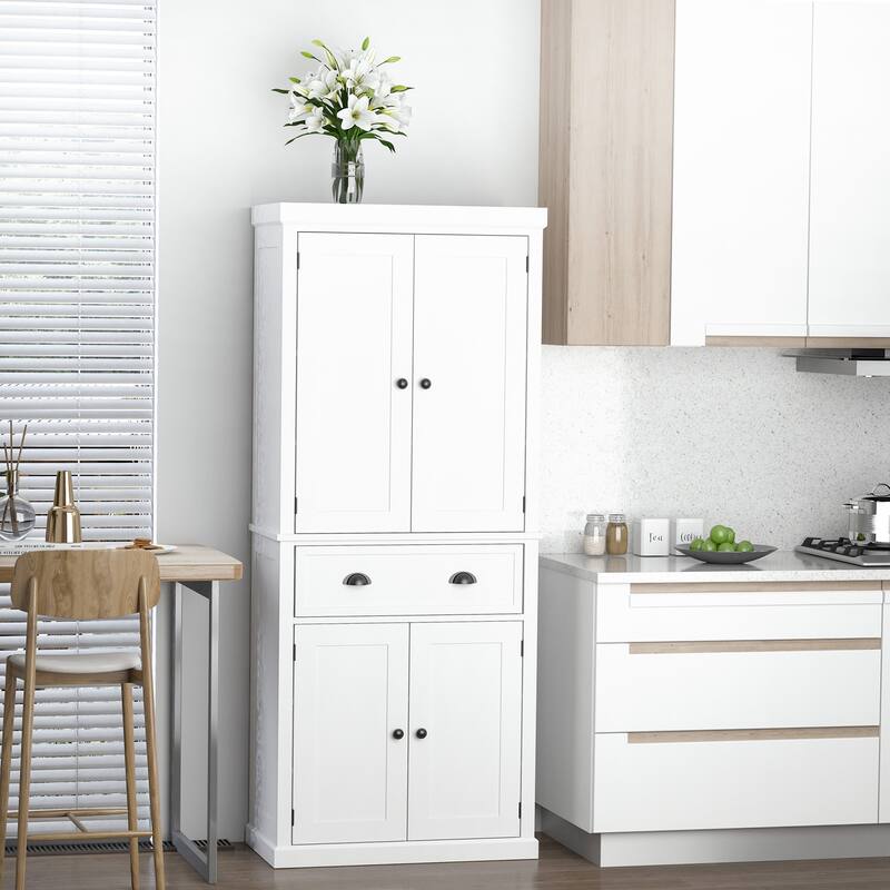 HOMCOM 72" Freestanding Kitchen Pantry Cabinet, Tall Storage Cabinet with 2 Door Cupboards, Drawer and Adjustable Shelves - White
