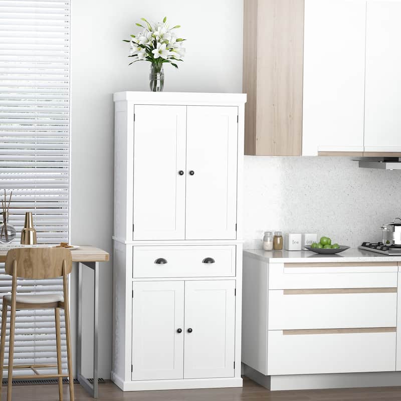 HOMCOM 72" Traditional Freestanding Kitchen Pantry Cupboard with 2 Cabinet,Drawer and Adjustable Shelves - N/A - White