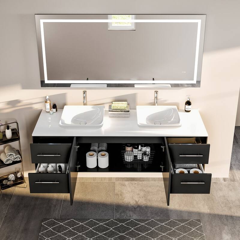 Totti Wave 72" Espresso Modern Double Sink Bathroom Vanity w/ White Glassos Top & Sinks
