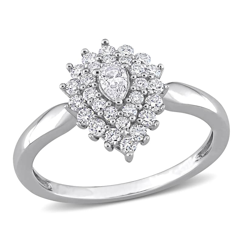 Miadora 1/2ct TDW Pear-cut Diamond Teardrop Double Halo Engagement Ring in 14k White Gold