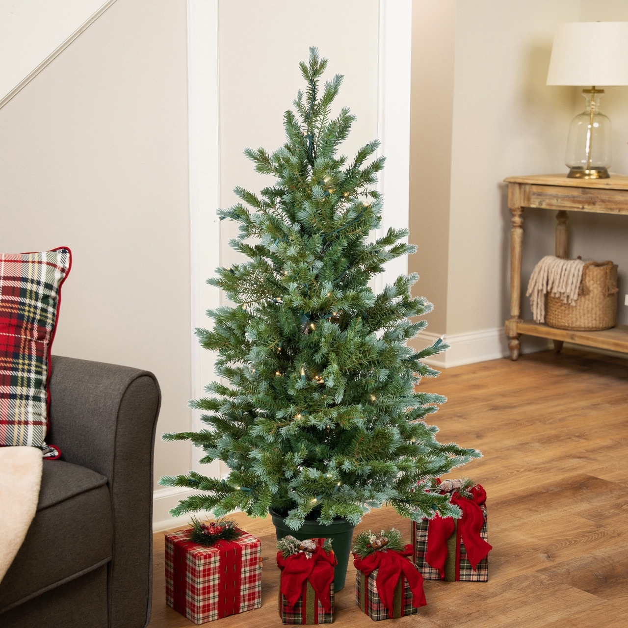 Real Touch ™ Blue Spruce Artificial Potted Xmas Tree 4' Clear Lights - 4 Foot