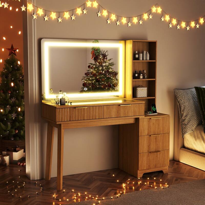 50" Makeup Vanity with 36" Lighted Mirror, 4 Dressers & Charging Station & 3 Light Modes
