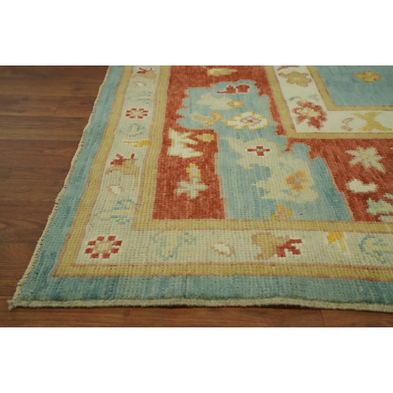 Handmade Blue Oushak Vegetable Dye Area Rug, Medallion Geometric Carpet - 9' 11'' X 8' 5''