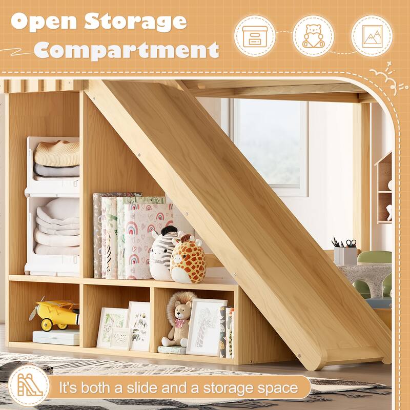 Modern High Loft Beds with Full Length Guardrails, Solid Wood Storage Loft Bed Frame with Detachable Slide and Ladders