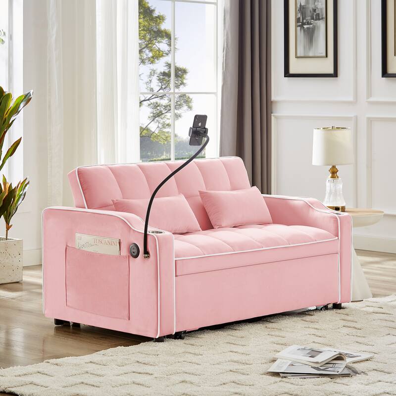 Versatile Foldable Sofa Bed in Pink, Solid Wood+MDF+Resin, Adjustable Back, USB Port, Phone Stand