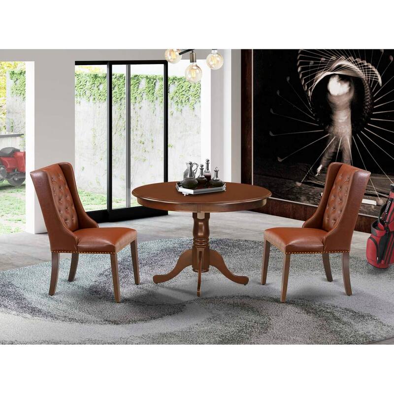 3-Piece Mahogany Finish Solid Wood Top - Button Tufted Upholstered Dining Room Set - Seats 4