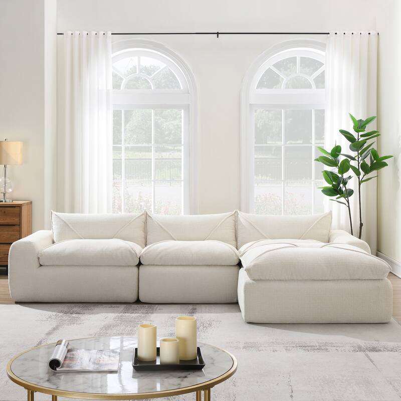 Particle Chenille Sectional Sofa Pull-line Pull-point Design Sofa with Movable Ottoman - White