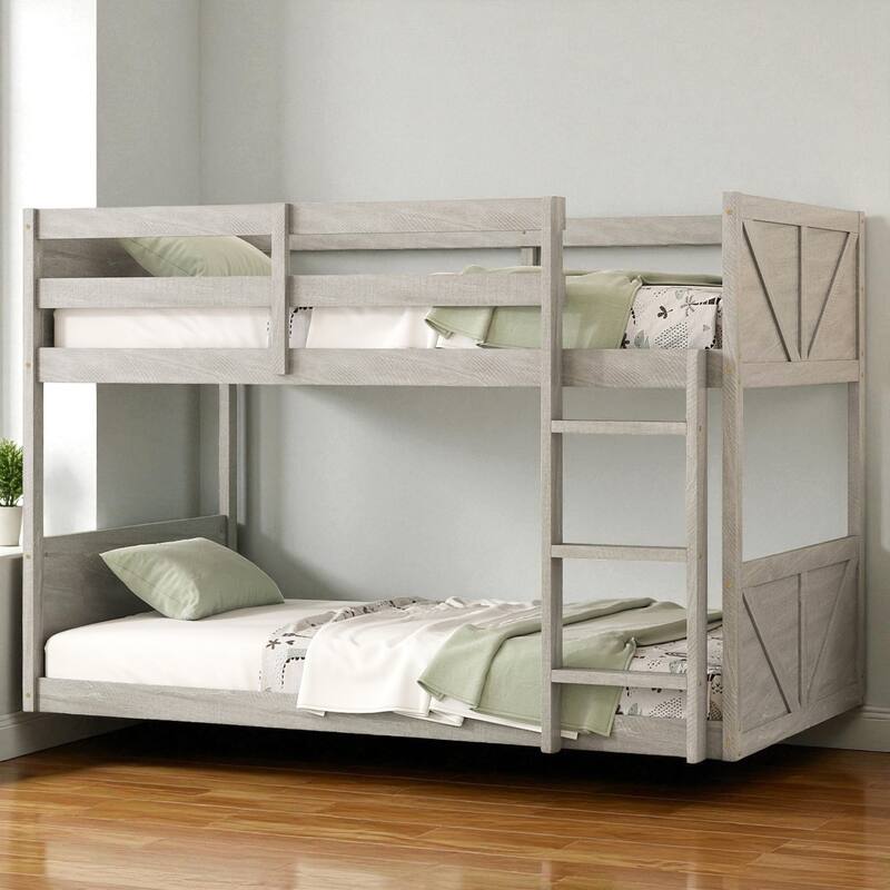 Twin Over Twin Floor Bunk Bed with Ladder and Guardrails, Solid Rubber Wood Frame with Panel Headboard and Footboard