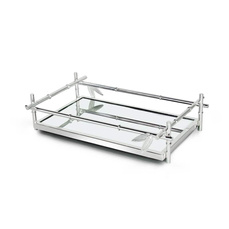 Silver Bamboo Style Rectangle Metal Mirror Decorative Tray Serving Platter