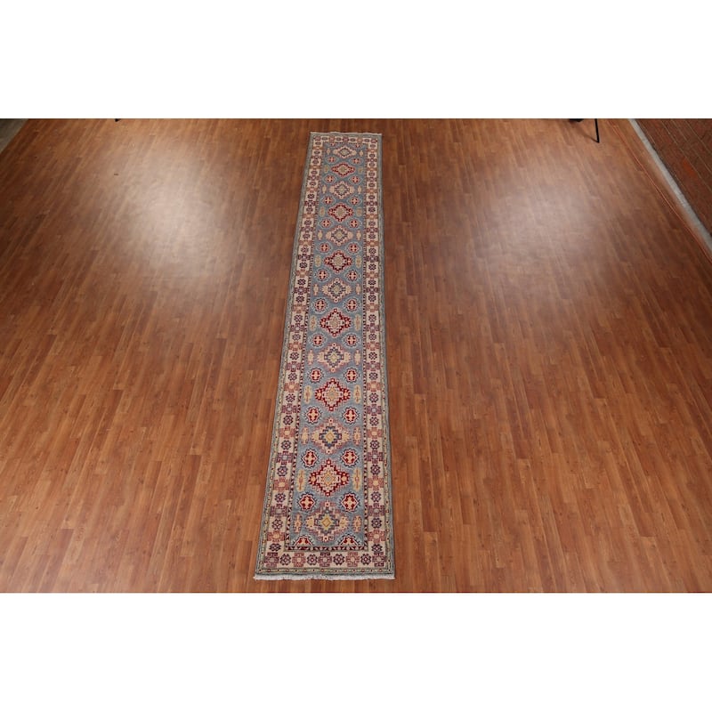 Blue Geometric Kazak Runner Rug Hand-Knotted Wool Carpet - 2'9" x 15'11"