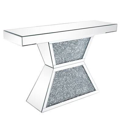 47 Inches Glass Top Console Table with Faux Stone Inlay, Silver