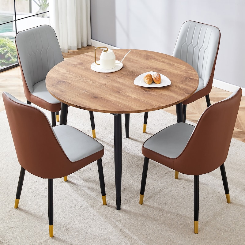 5-Piece Round Dining Set with Extendable Dining Table, Wood Kitchen Table Set with 4 PU Chairs for Dining Room