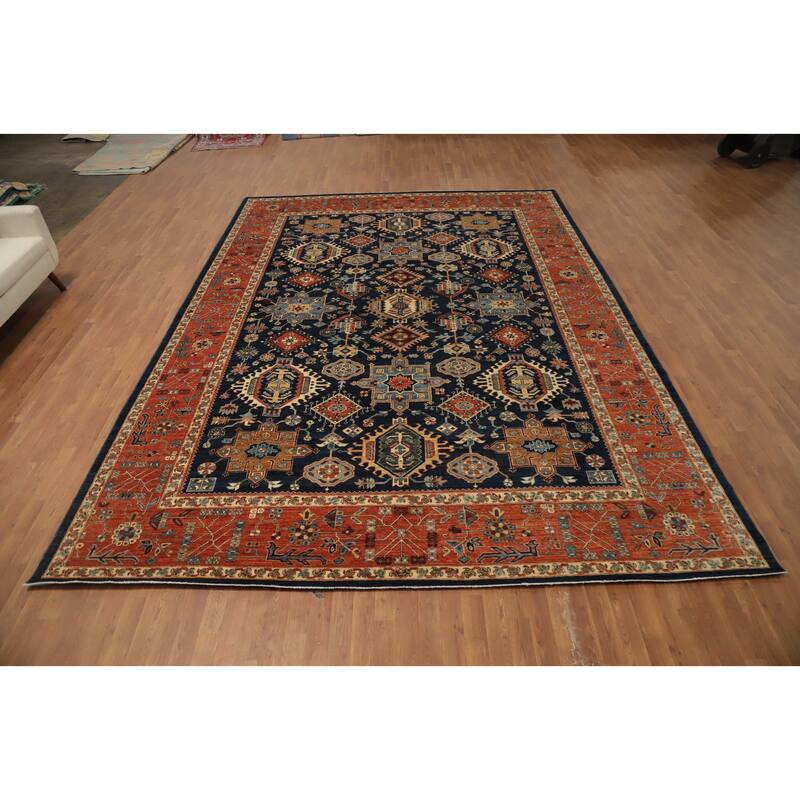 Hand Knotted Oriental 100% Wool Carpet Traditional All-Over Navy Blue & Blues Heriz (serapi) Area Rug - 13' 8'' X 10' 1''