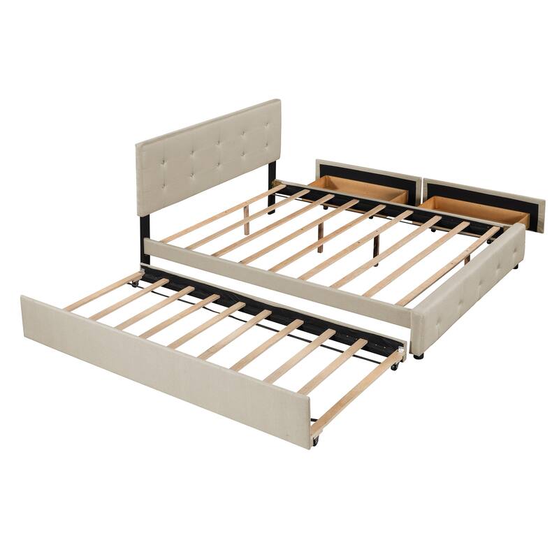Queen Size Upholstered Platform Bed with 2 Drawers & Twin XL Trundle