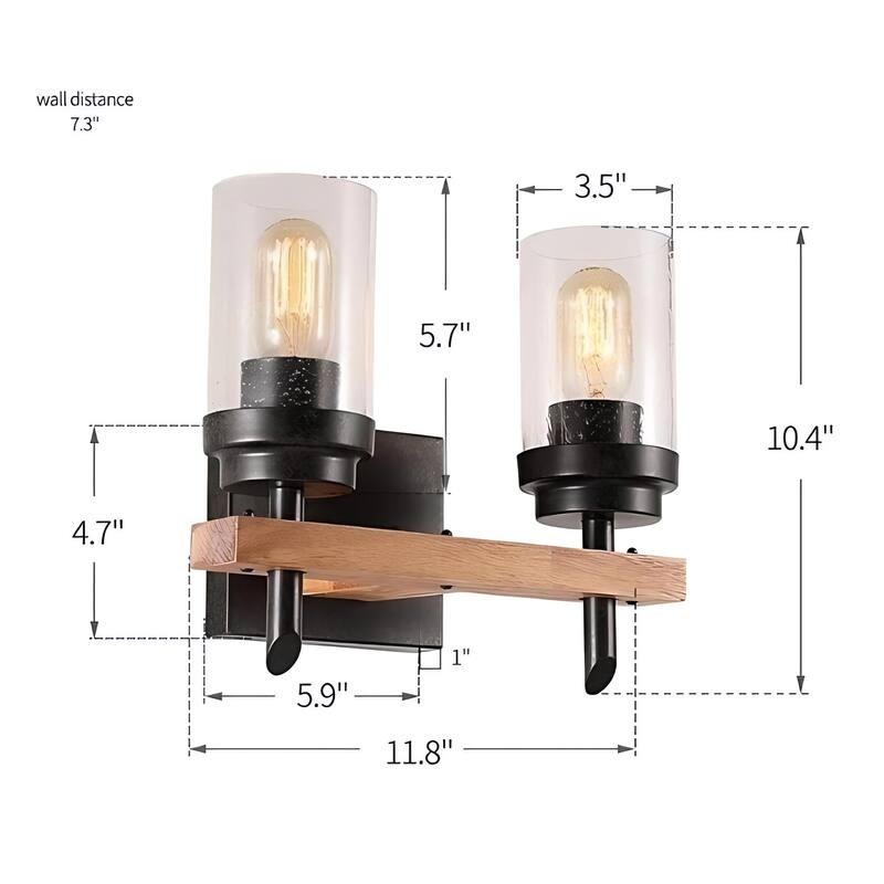 2-light Modern Wood Accents Wall Sconce With Seeded Glass Shade