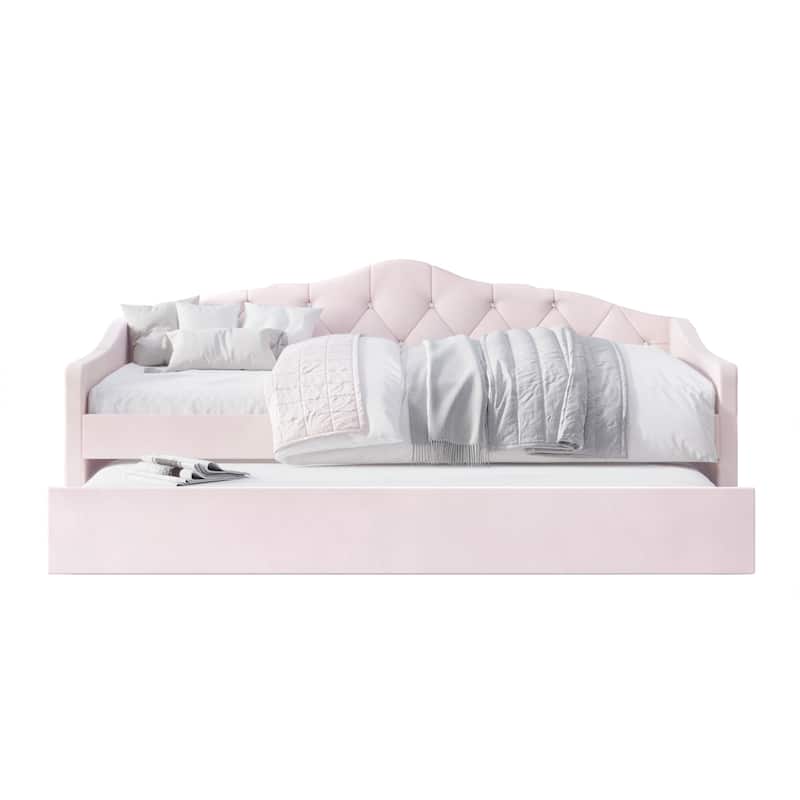 CraftPorch Glam Velvet, Crystal Button Tufted Twin Daybed with Trundle - Light Pink. - Twin