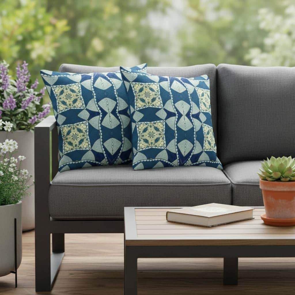 HomeRoots Set of Two 16" X 16" Blue and Green Blown Seam Eclectic Indoor Outdoor Throw Pillow - 16.00' X '16.00' X '5.00