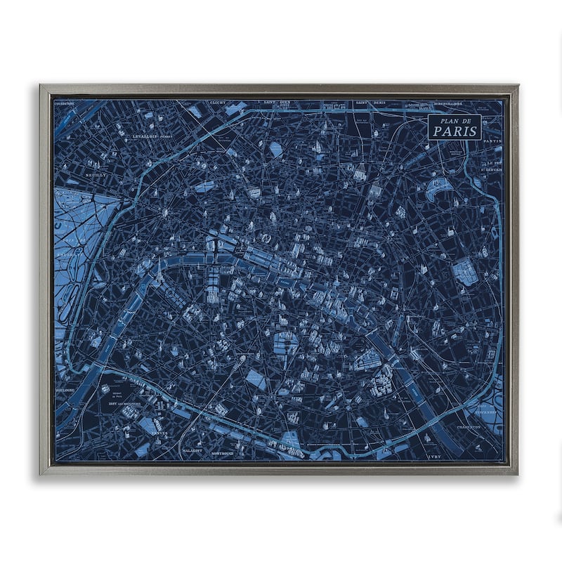 Stupell Blue Detailed Paris Map Framed Floater Canvas Wall Art Design By Phillipa Katz - 31 x 25 - Grey