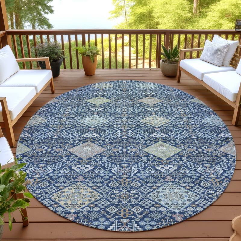 Machine Washable Indoor/ Outdoor Boho Panel Chantille Rug - Navy - 8' x 8'