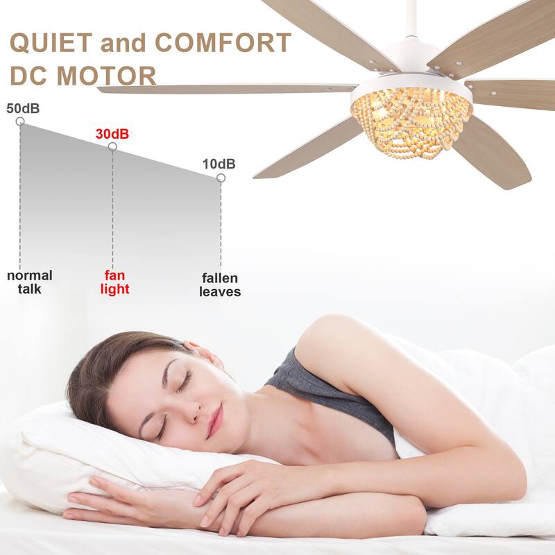 Bella Depot 65" Bohemia Large White Ceiling Fan with Light and Remote 6-Speed Modern Chandelier Fan Wood Bead Shade