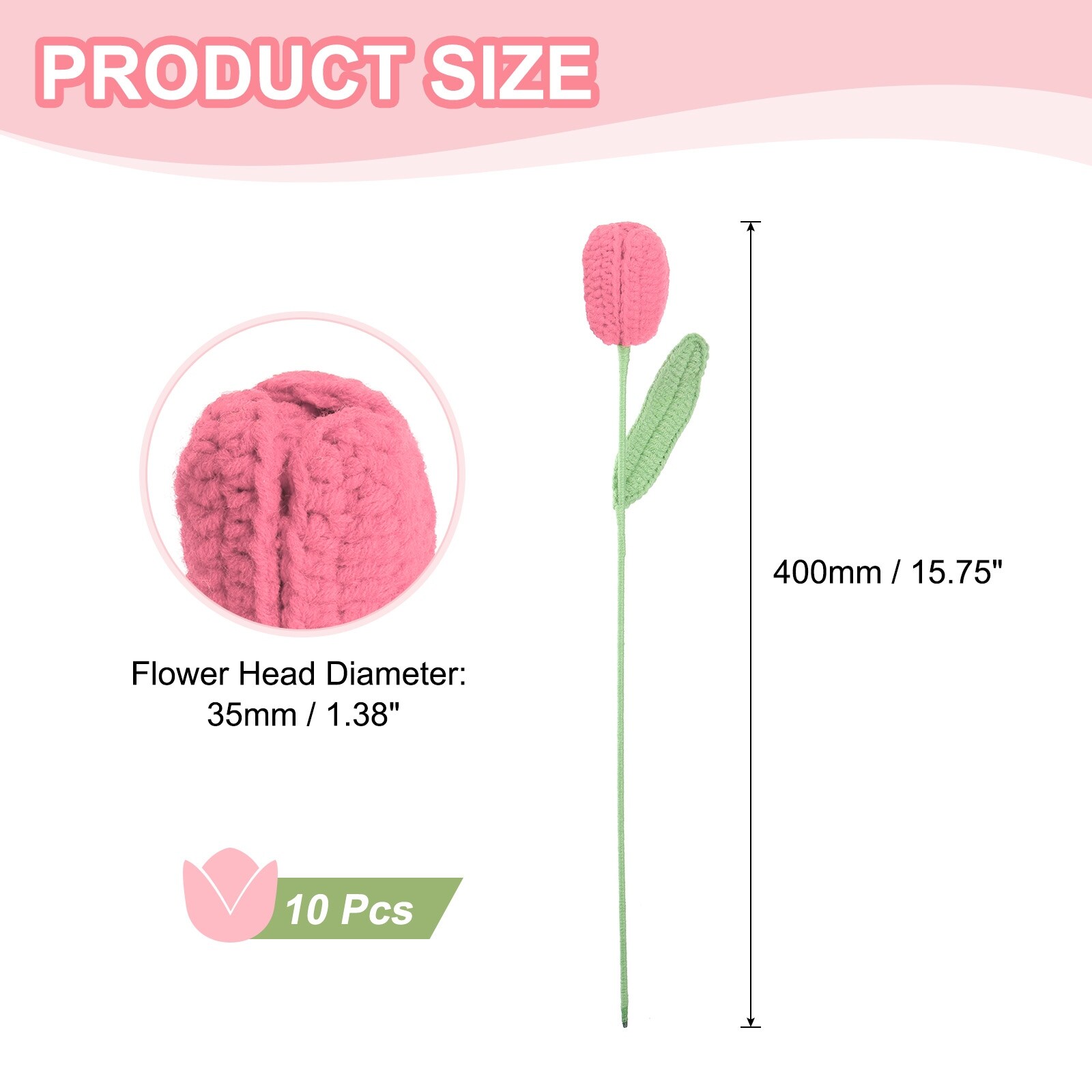 10 Pcs Tulip Crochet Flowers Bouquet for Gift Decoration Pink - 6.6 Feet