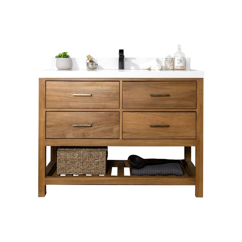 Willow Collections 48 in. W x 22 in. D Parker Solid Teak Single Sink Bathroom Vanity with Countertop - 2"White Quartz - Golden Teak