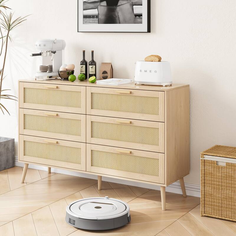 Modern Rattan 6-Drawer Dresser with Gold Handles