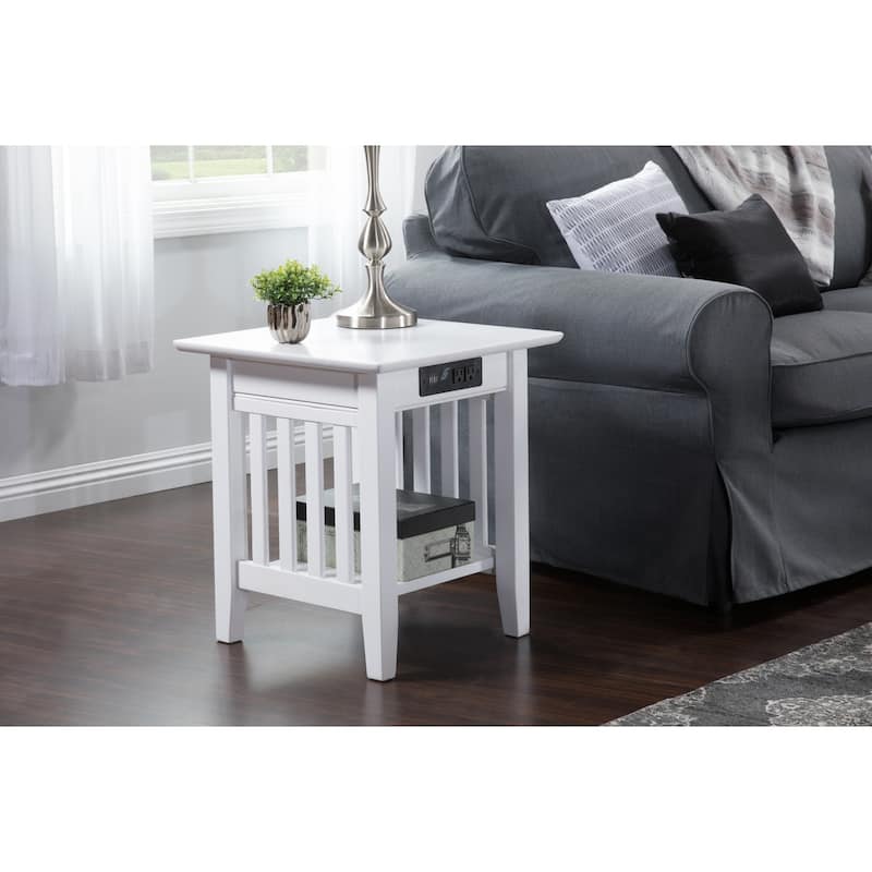 End Table with Charging Station - Modern Living Room Accent Table - White Finish - 20