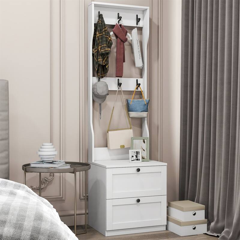 2-in-1 Freestanding Wood Coat Rack with Drawer and Hooks