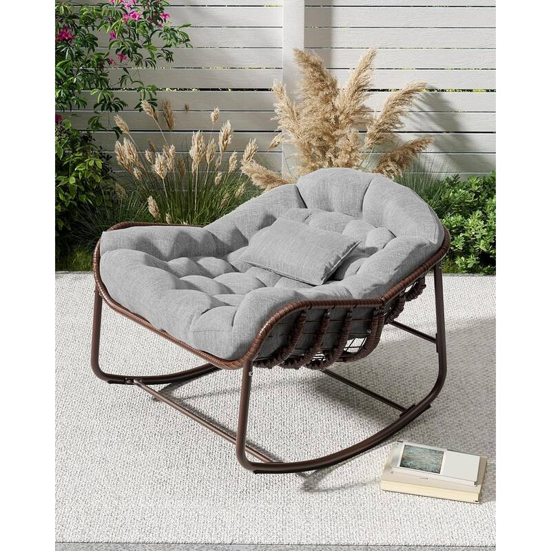 Patio Rocking Chair, Oversized Wicker Lounge Chair with Cushion,Patio Rattan Egg Rocker for Backyard