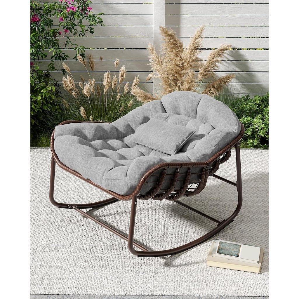 Patio Rocking Chair, Oversized Wicker Lounge Chair with Cushion,Patio Rattan Egg Rocker for Backyard