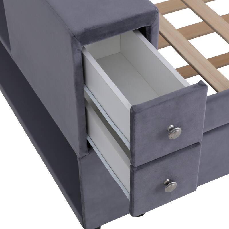 Twin Velvet Upholstered Platform Bed with Trundle, USB Charging, Storage Drawers, Beige/Gray