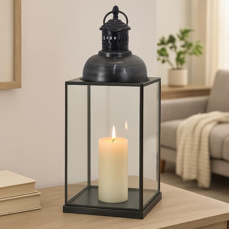 Laila Lantern, Black Metal, Glass Panels, Square Base, 20 Inch Tall