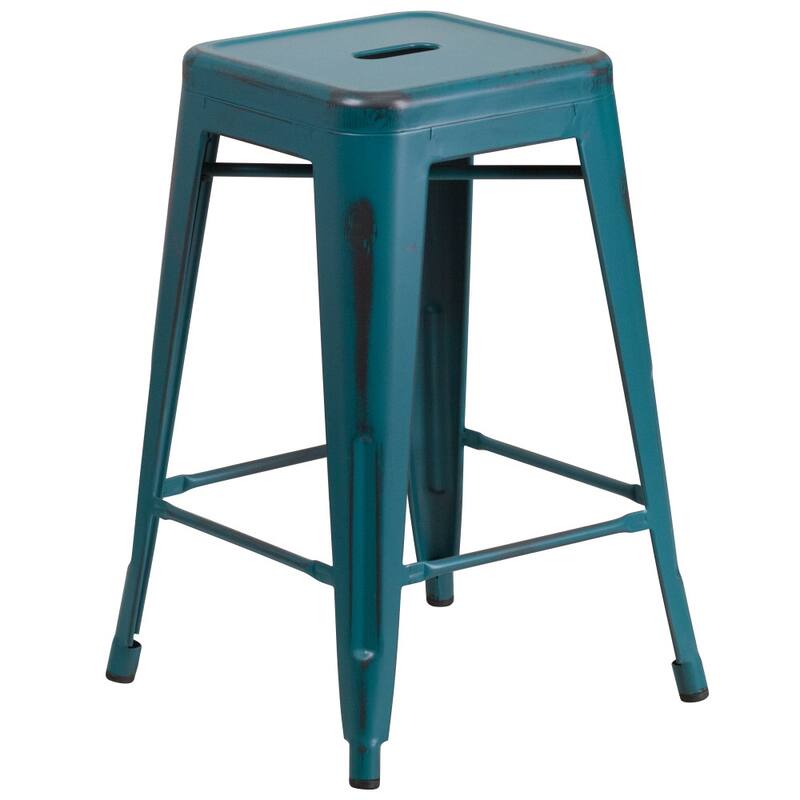 24" High Backless Distressed Metal Indoor-Outdoor Counter Height Stool
