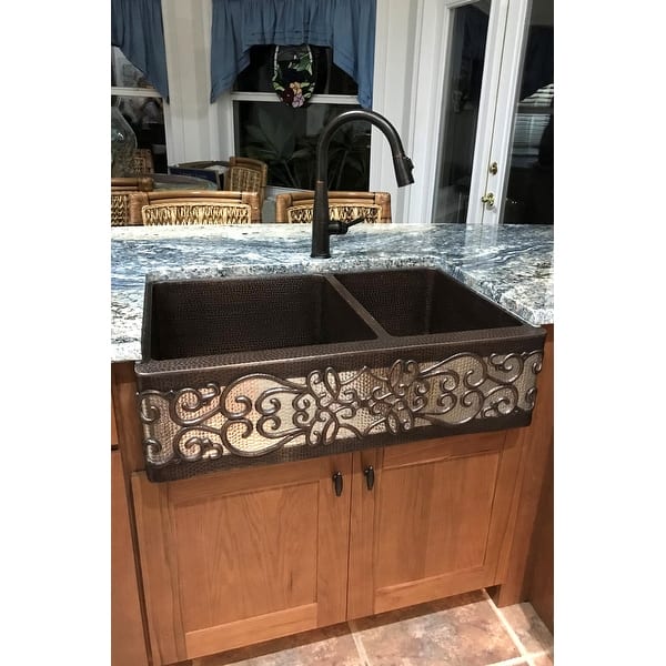 33-in Hammered Copper Apron Front 60/40 Double Basin Kitchen ...
