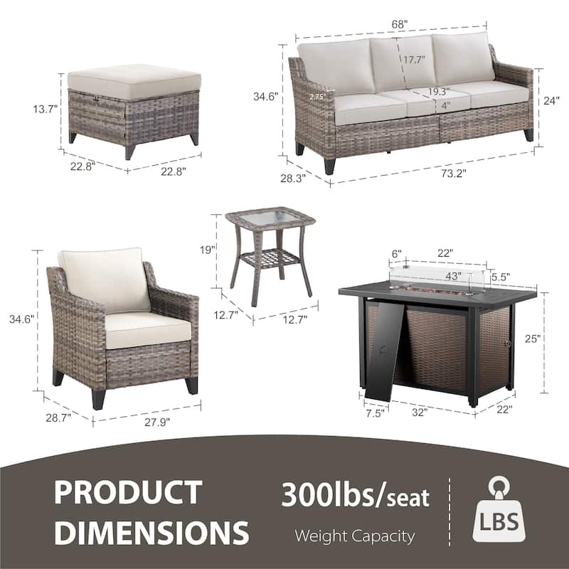 Glissia 7-Piece Gray Wicker Fire Pit Conversation Set with Wicker fire pit