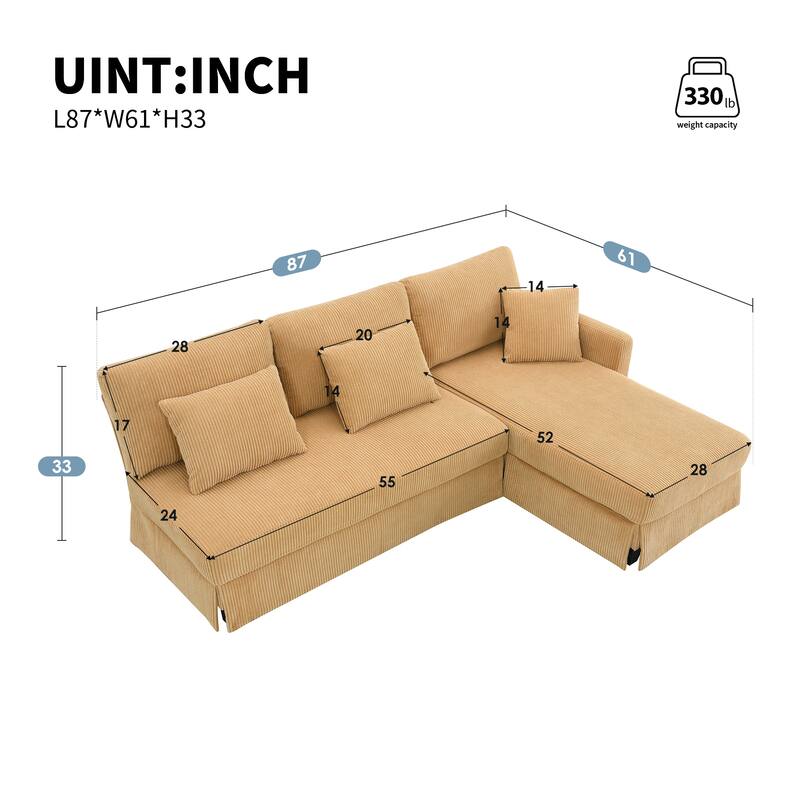 Interchangeable Chaise L-Shaped Sofa with Skirted Design for Living or Guest Rooms