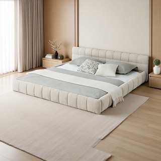 California King Size Chenille Upholstered Grounded Platform Bed Frame ...