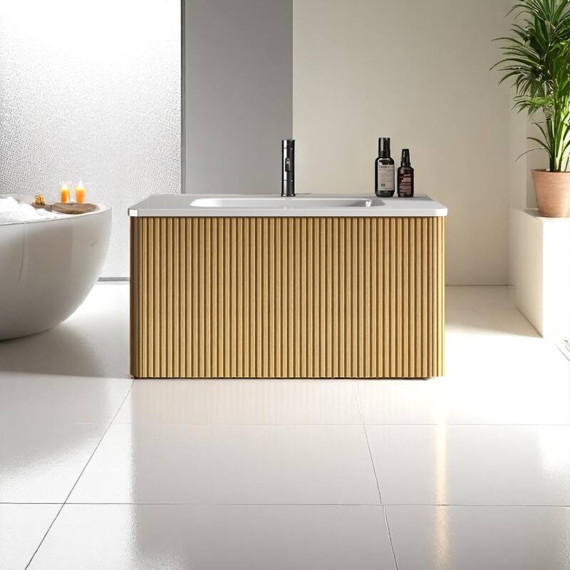 36" Floating Bathroom Vanity, Integrated Ceramic Sink, Push-Open Drawer & U-Shape Wall Fitting,Wall-Mounted MDF Vanity Cabinet - White+Oak - 30" Melamine White+Oak