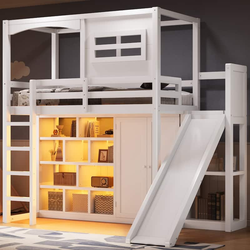 White Twin Size Wood Loft Bed with Slide, Wardrobe, Storage Shelves, LED Light, and House Frame