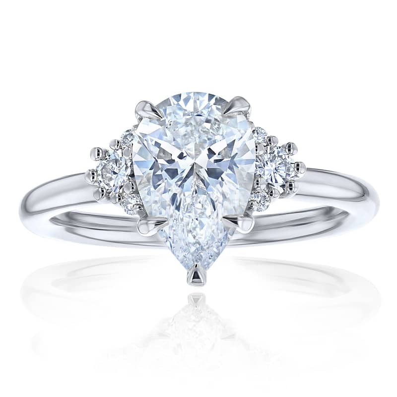 Kobelli 2.2 Carats Pear Lab Grown Diamond Certified 14k Solid Gold Plain Band Side Cluster Dulce Ring - White - 6.5